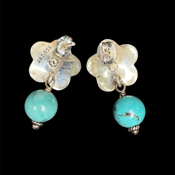 Southwestern Flower & Dangling Turquoise Beads Sterling Signed JRI 925 Earrings - Picture 3 of 4